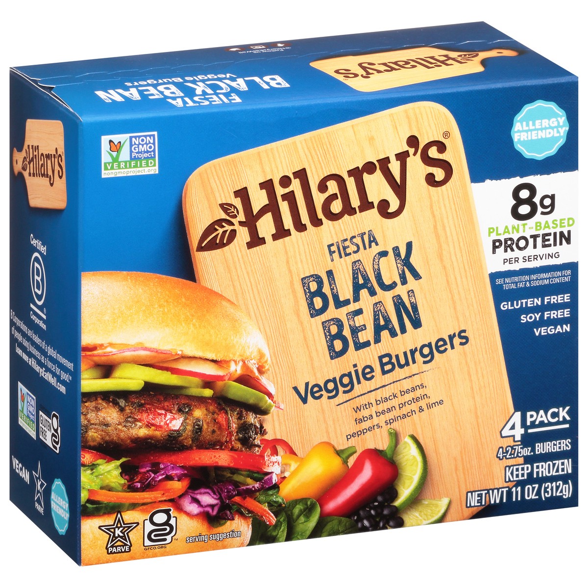 slide 13 of 13, Hilary's 4 Pack Fiesta Black Bean Veggie Burgers 4 - 2.75 oz Burgers, 11 oz