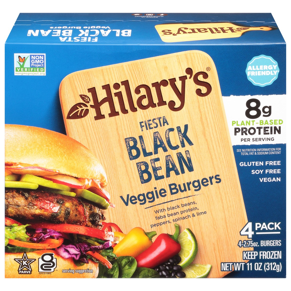 slide 11 of 13, Hilary's 4 Pack Fiesta Black Bean Veggie Burgers 4 - 2.75 oz Burgers, 11 oz