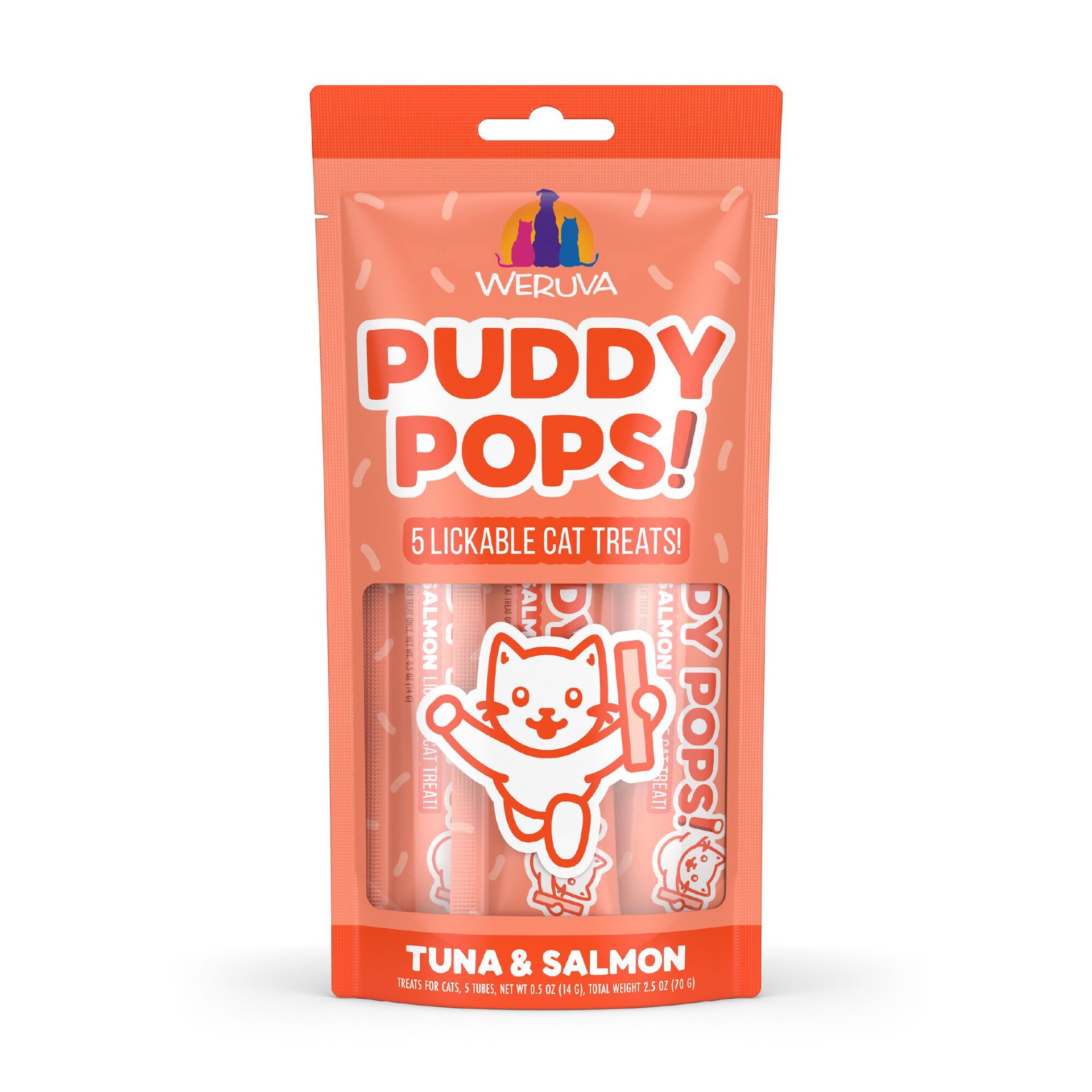 slide 1 of 1, Weruva Puddy Pops Tuna & Salmon Lickable Cat Treats, 0.5 oz., Count of 5, 2.5 oz