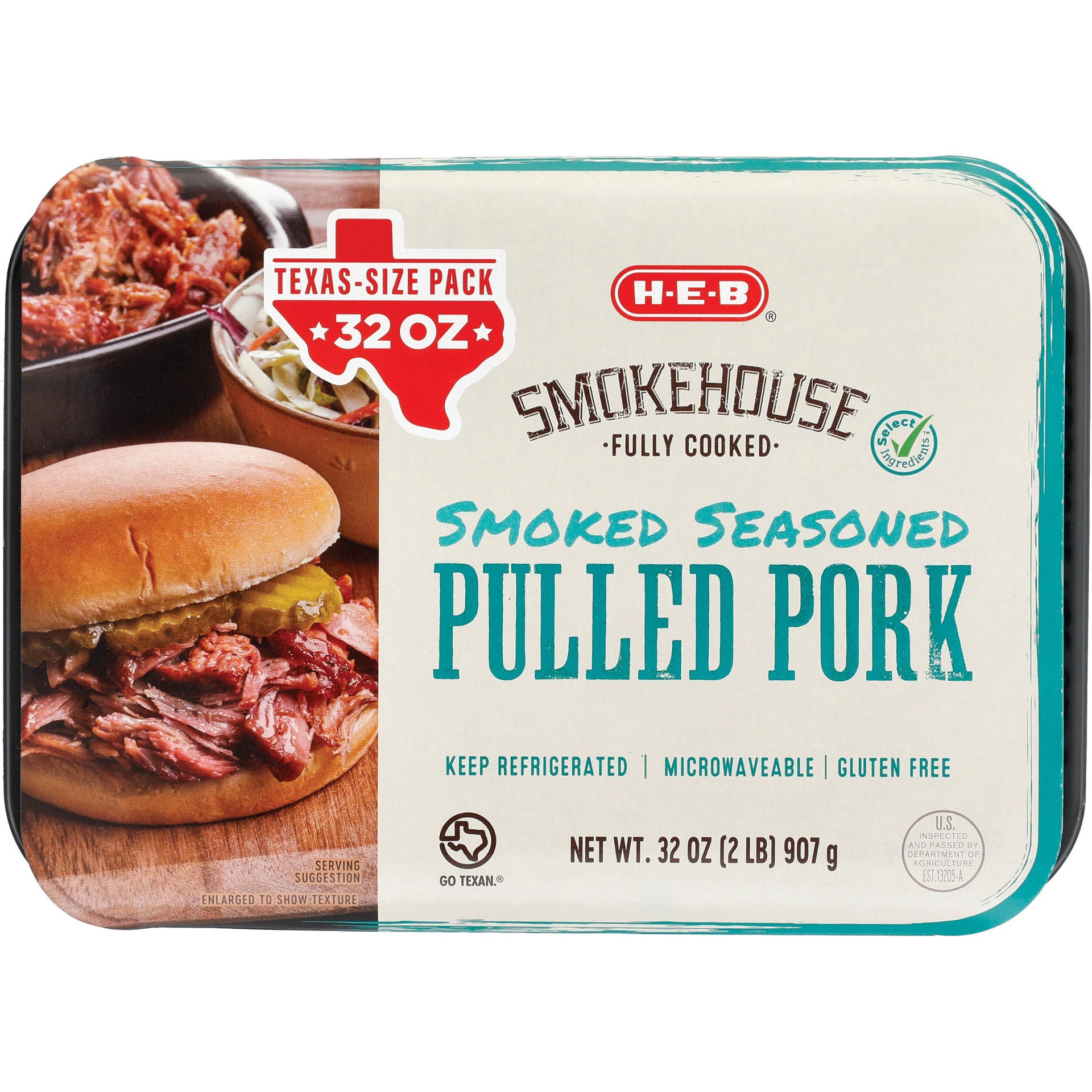 slide 1 of 1, H-E-B Fully Cooked Pulled Pork - Smoked Seasoned - Texas-Size Pack, 32 oz