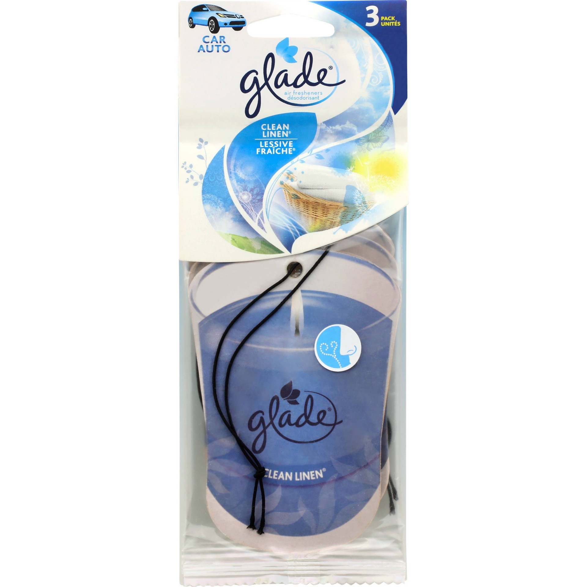 slide 1 of 3, Glade 3pk Car Hanging Paper Clean Linen Air Freshener - 3oz, 3 ct; 3 oz