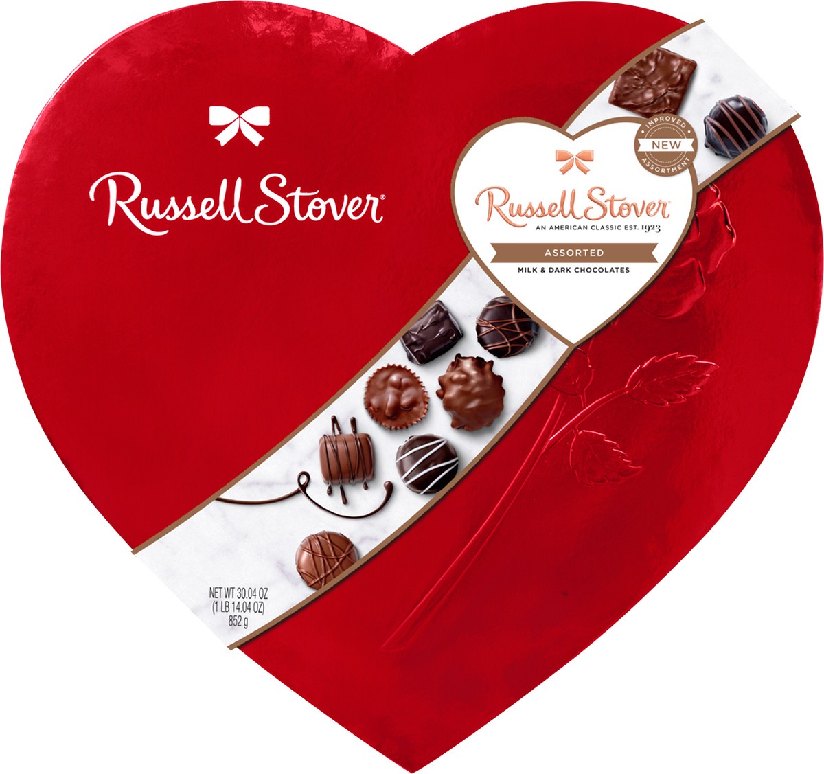 slide 4 of 8, Russell Stover Valentine's Day Red Foil Heart Assorted Milk Chocolate & Dark Chocolate Gift Box, 30.04 oz. (˜ 52 pieces), 30.04 oz