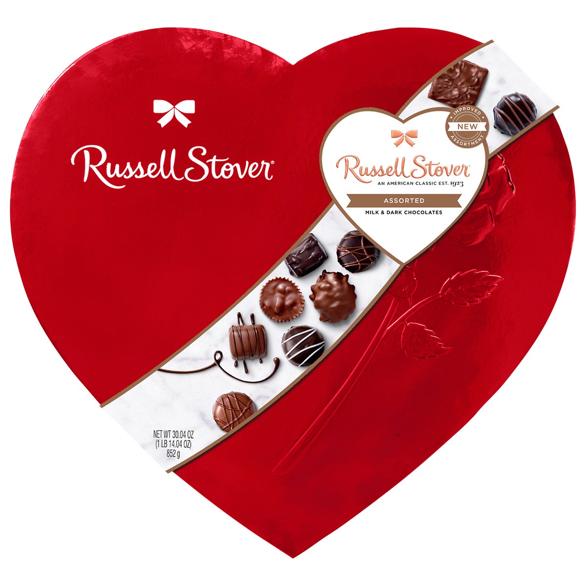 slide 1 of 8, Russell Stover Valentine's Day Red Foil Heart Assorted Milk Chocolate & Dark Chocolate Gift Box, 30.04 oz. (˜ 52 pieces), 30.04 oz