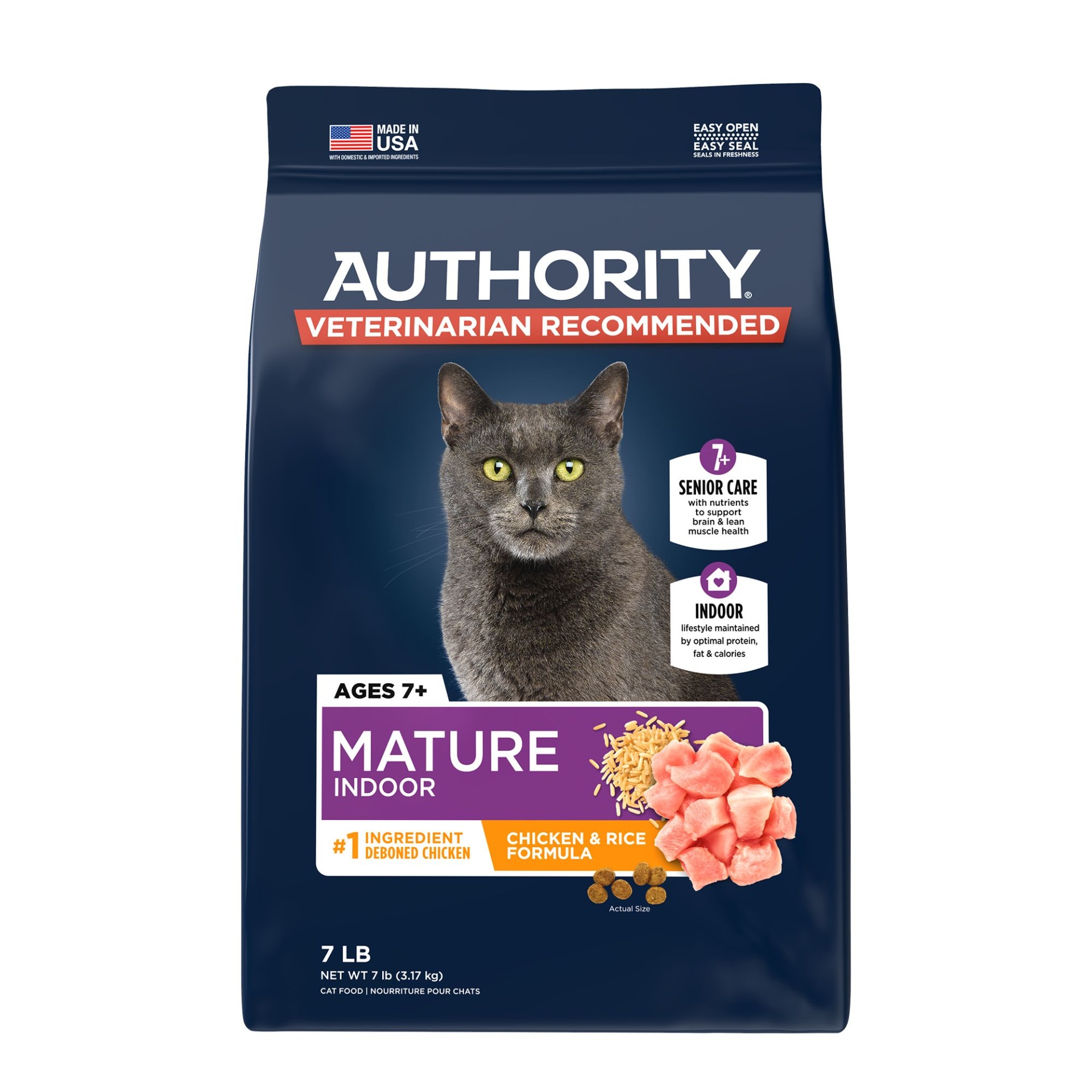slide 1 of 1, Authority Everyday Health Indoor Senior Cat Dry Food - Chicken & Rice, With-Grain, 7 lb