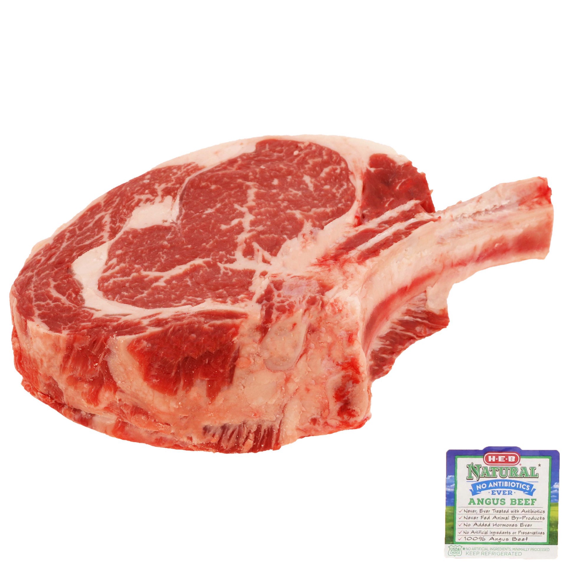 slide 1 of 1, H-E-B Natural Beef Ribeye Steak Bone-In Extra Thick Frenched USDA Choice, per lb