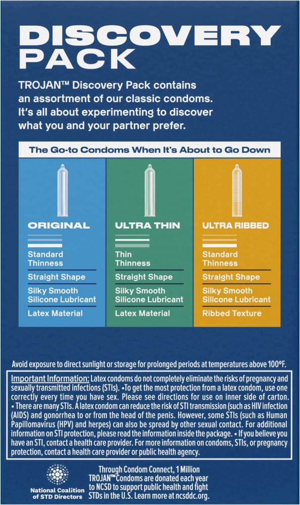 slide 4 of 5, Trojan Discovery Pack, Assorted Latex Lubricated Condoms for Men, Original, Ultra Thin & Ultra Ribbed Varieties, 12 Count, 12 ct