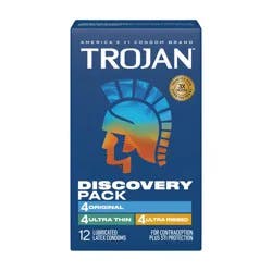 Trojan Discovery Pack Assorted Latex Lubricated Condoms for Men, Original, Ultra Thin & Ultra Ribbed Varieties, 12 Count