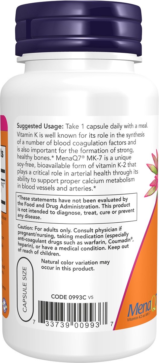slide 4 of 4, NOW MK-7 Vitamin K-2 100 mcg - 120 Veg Capsules, 120 ct