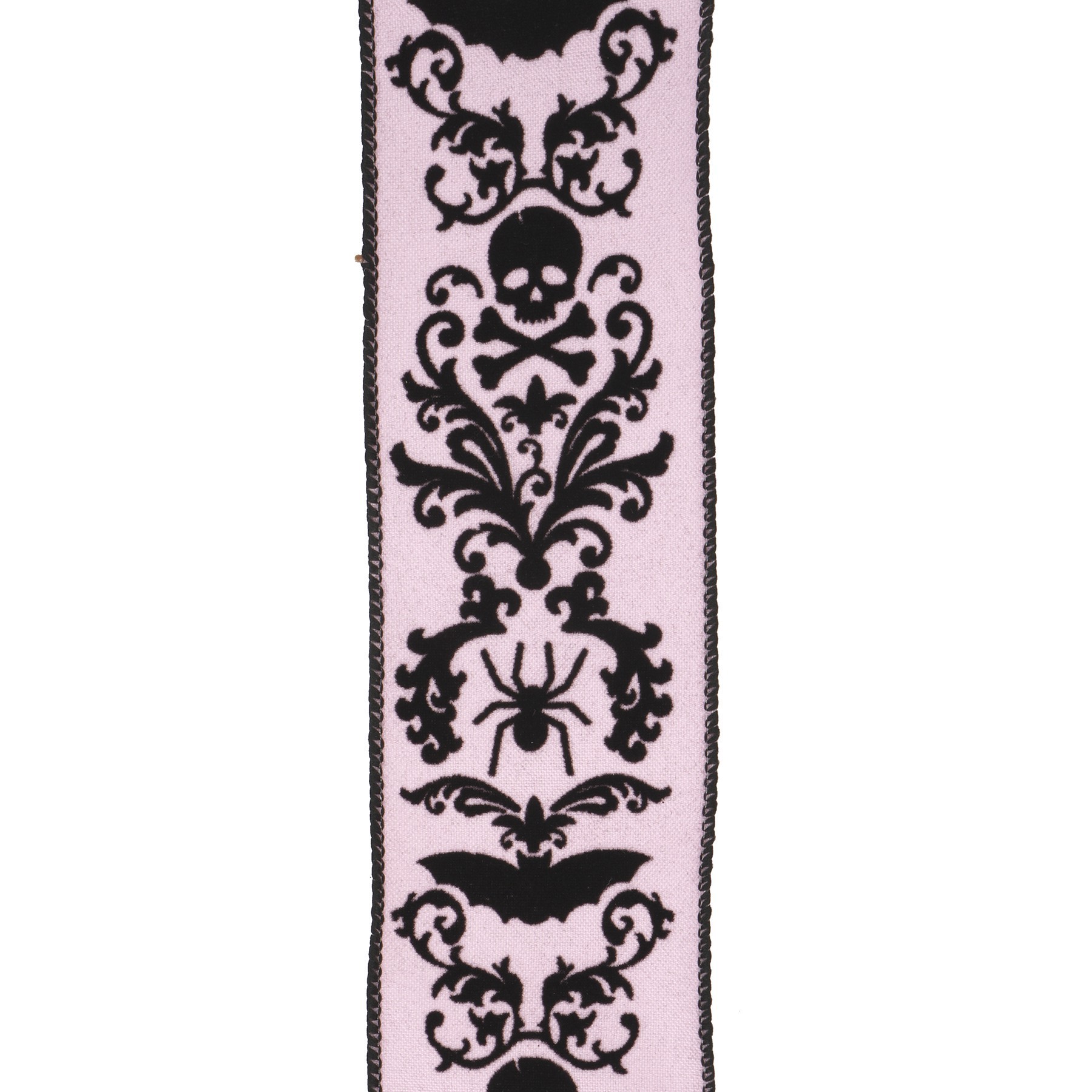 slide 3 of 3, 2.5" X 20ft. Black & Pink Flocked Damask Skulls Wired Ribbon By Celebrate It Halloween, 2.5 in x 6.6 yd