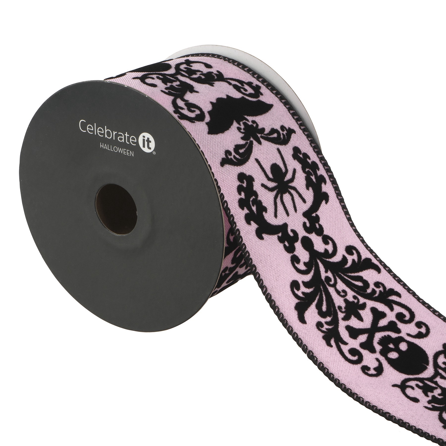 slide 2 of 3, 2.5" X 20ft. Black & Pink Flocked Damask Skulls Wired Ribbon By Celebrate It Halloween, 2.5 in x 6.6 yd
