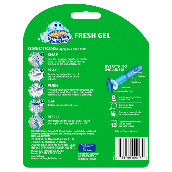 slide 13 of 19, Scrubbing Bubbles Fresh Gel Toilet Cleaning Stamp, Rainshower, Dispenser with 12 Gel Stamps, 2.68 oz