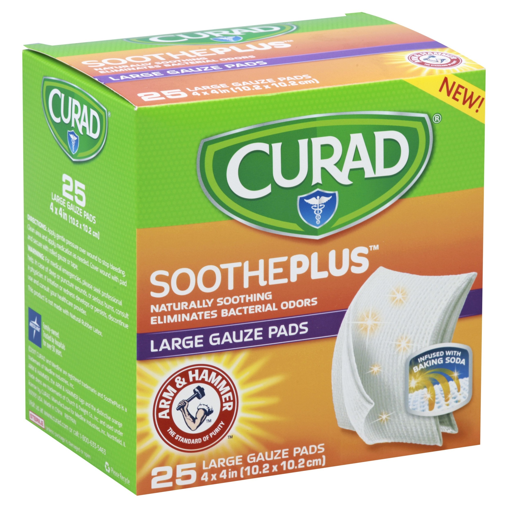slide 1 of 1, Curad Arm & Hammer Soothe Plus Large Gauze Pads 4x4, 25 ct