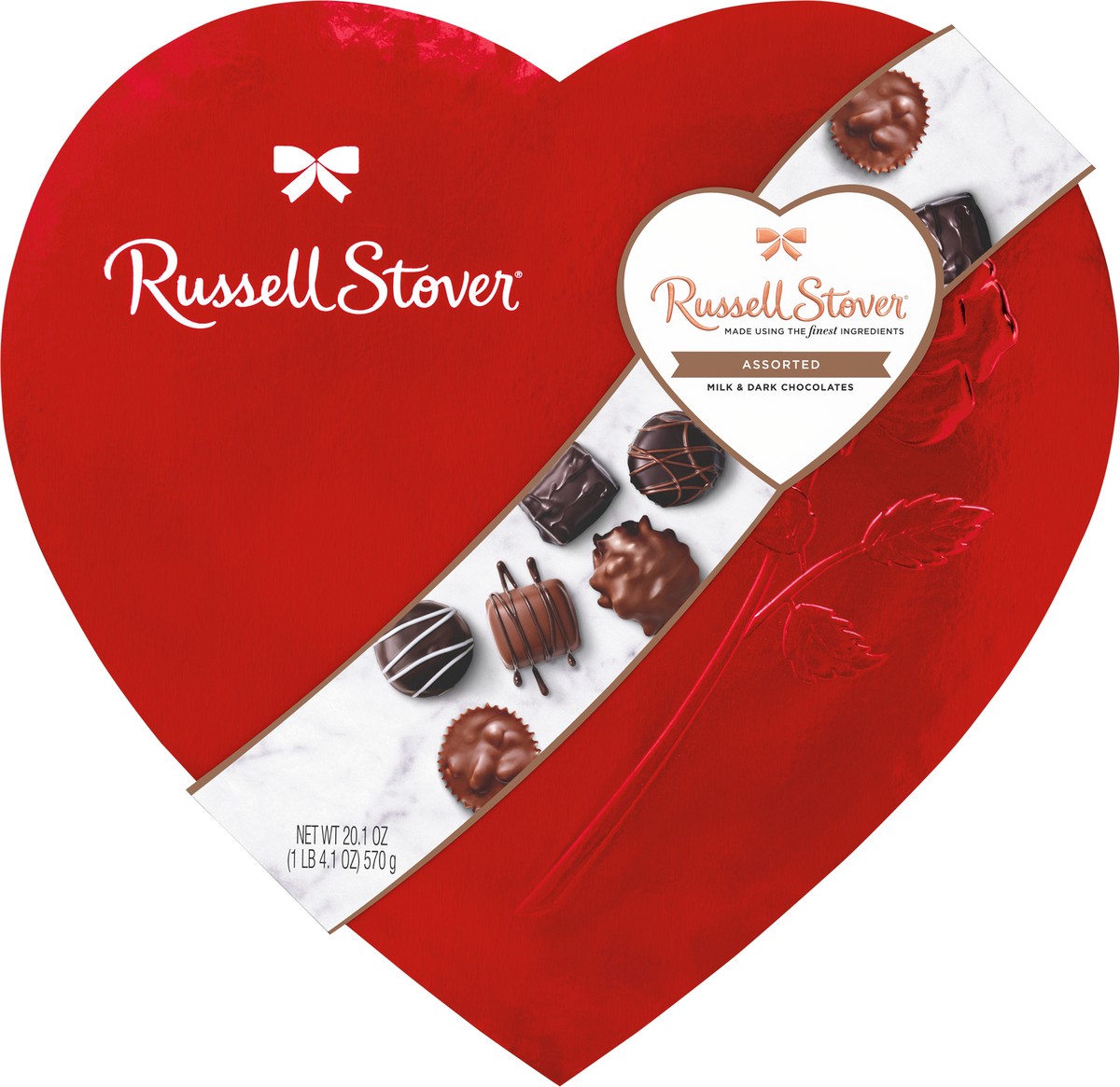 slide 4 of 4, RUSSELL STOVER Valentine's Day Red Foil Heart Assorted Milk & Dark Chocolate Gift Box, 20.1 oz. (35 pieces), 35 ct
