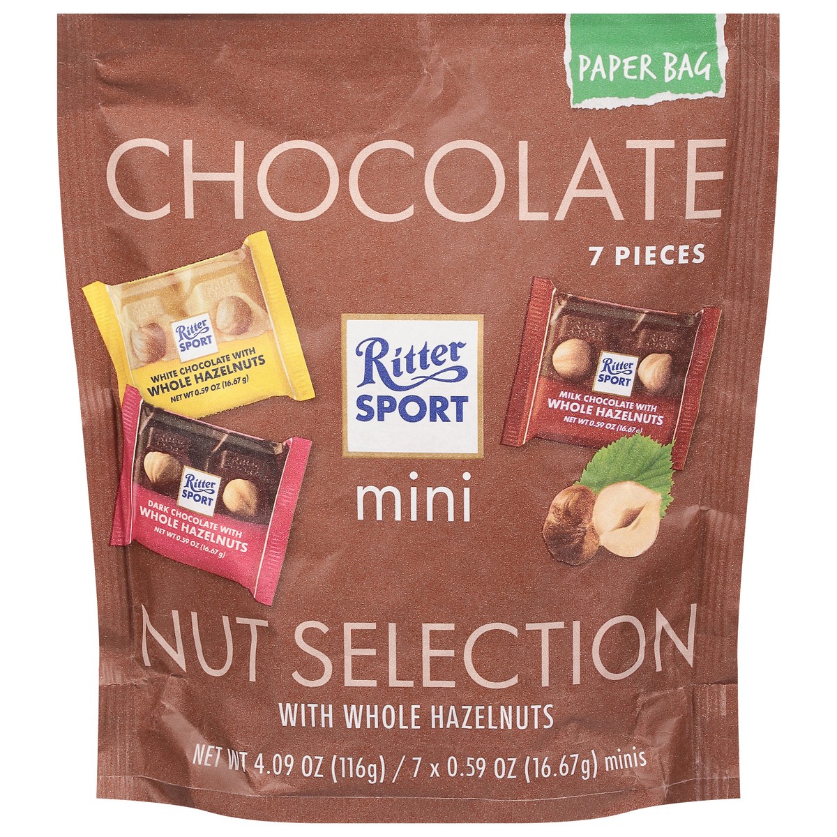slide 1 of 9, Ritter Sport Mini Chocolate Nut Selection with Whole Hazelnuts 7 - 0.59 oz ea, 7 ct