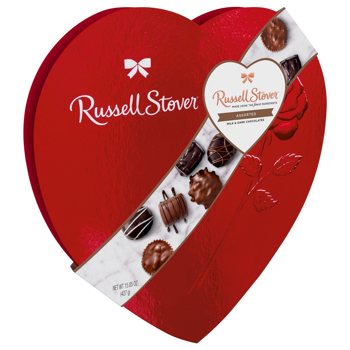 slide 4 of 4, RUSSELL STOVER Valentine's Day Red Foil Heart Assorted Milk & Dark Chocolate Gift Box, 15.05 oz. (26 pieces), 26 ct