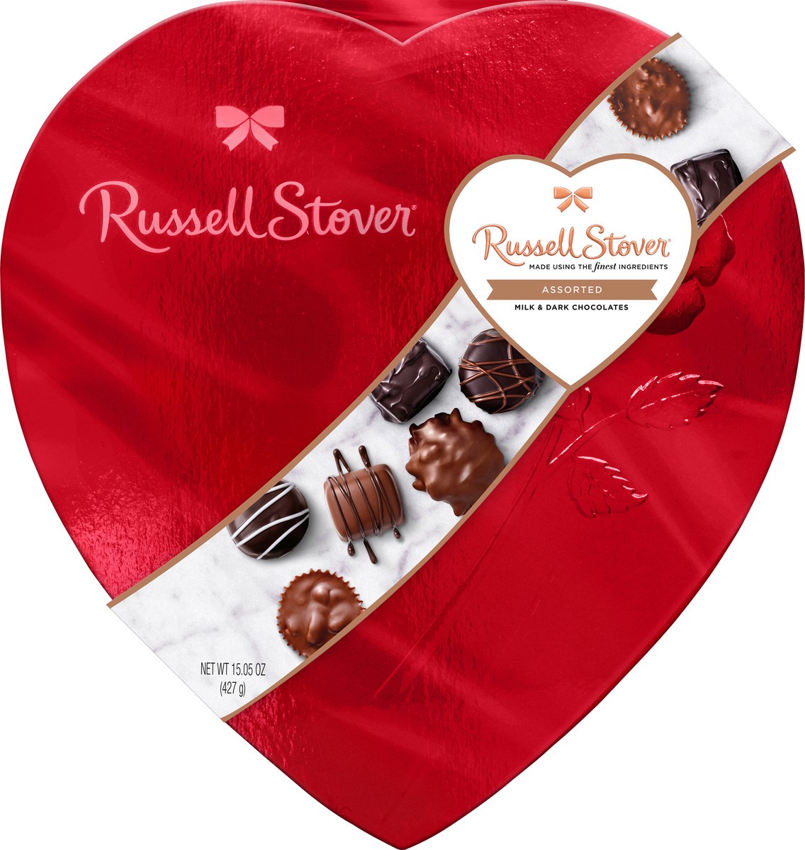 slide 2 of 4, RUSSELL STOVER Valentine's Day Red Foil Heart Assorted Milk & Dark Chocolate Gift Box, 15.05 oz. (26 pieces), 26 ct