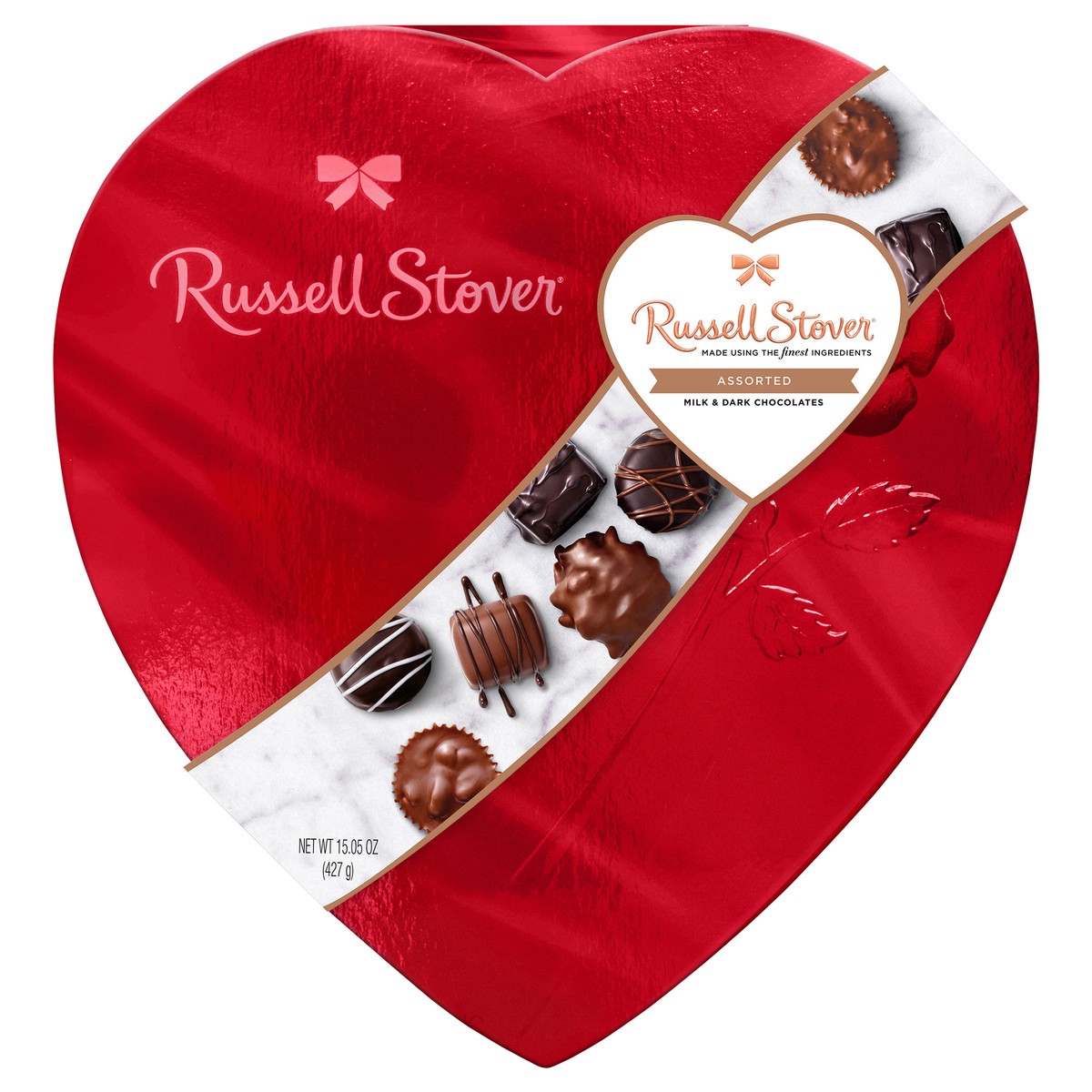 slide 1 of 4, RUSSELL STOVER Valentine's Day Red Foil Heart Assorted Milk & Dark Chocolate Gift Box, 15.05 oz. (26 pieces), 26 ct