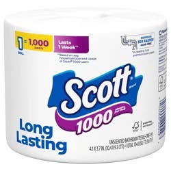 Scott 1000 Toilet Paper, 1 Roll, Septic-Safe, 1-Ply Toilet Tissue