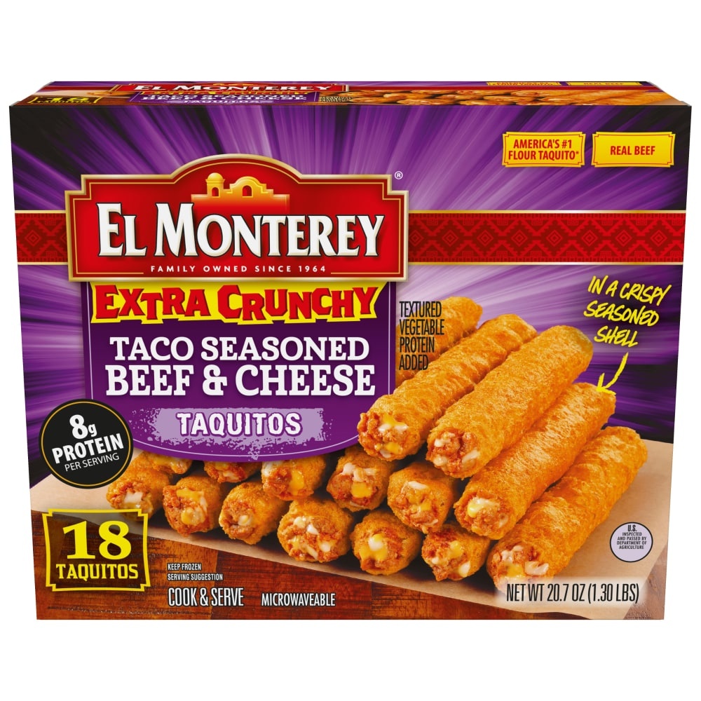 slide 1 of 10, El Monterey Extra Crunchy Taco Beef & Cheese Taquitos, 24.2 oz