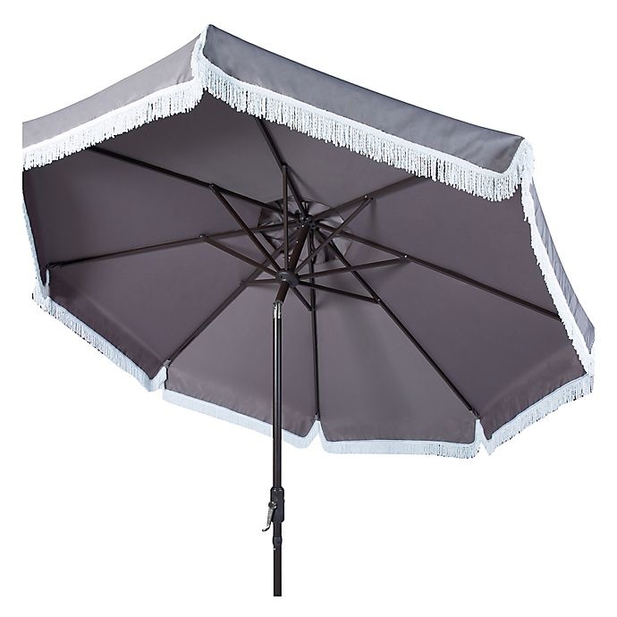 slide 2 of 3, Safavieh UV Resistant Milan Crank Umbrella - Grey/White, 9 ft