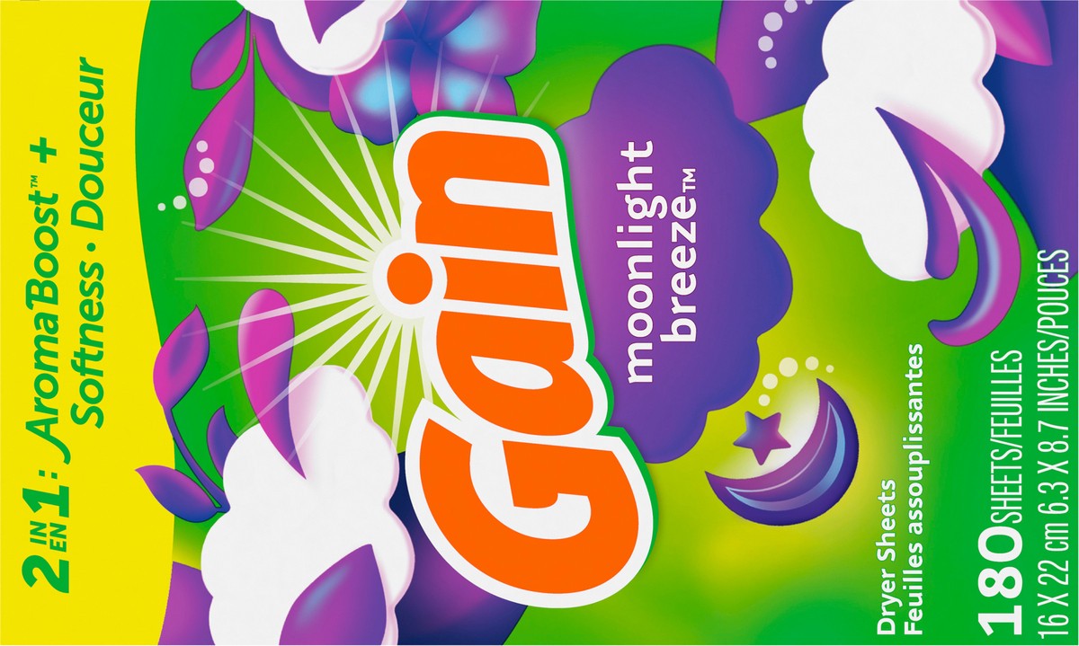 slide 8 of 8, Gain dryer sheets, 180 Count, Moonlight Breeze Scent Laundry Fabric Softener Sheets with 2-in-1 Aromaboost Plus Softness, 180 ct