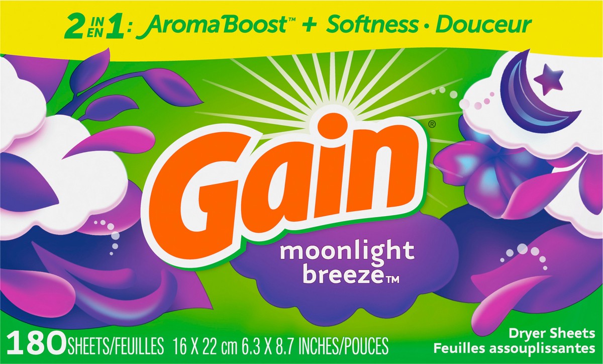 slide 3 of 8, Gain dryer sheets, 180 Count, Moonlight Breeze Scent Laundry Fabric Softener Sheets with 2-in-1 Aromaboost Plus Softness, 180 ct