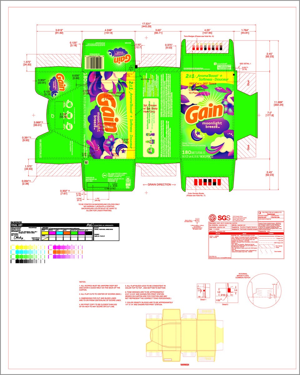 slide 7 of 8, Gain dryer sheets, 180 Count, Moonlight Breeze Scent Laundry Fabric Softener Sheets with 2-in-1 Aromaboost Plus Softness, 180 ct
