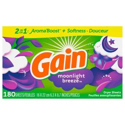 Gain dryer sheets, 180 Count, Moonlight Breeze Scent Laundry Fabric Softener Sheets with 2-in-1 Aromaboost Plus Softness