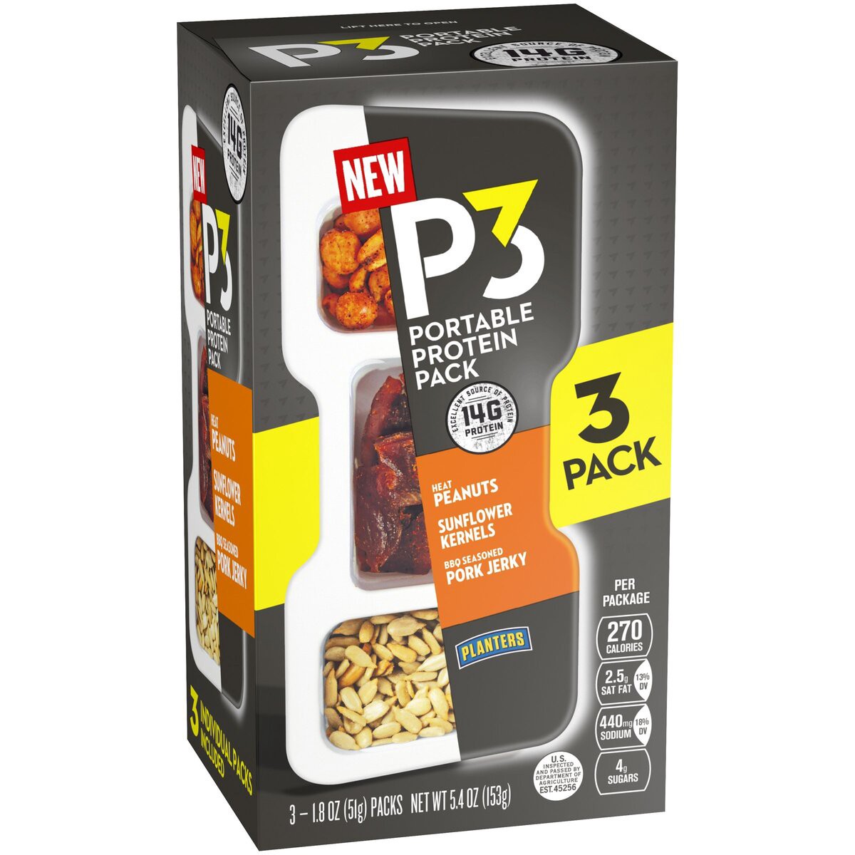 slide 2 of 8, P3 Portable Protein Snack Pack with Heat Peanuts, Sunflower Kernels & BBQ Seasoned Pork Jerky Trays, 5.4 oz