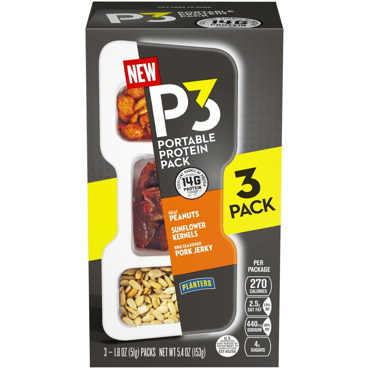 slide 1 of 8, P3 Portable Protein Snack Pack with Heat Peanuts, Sunflower Kernels & BBQ Seasoned Pork Jerky Trays, 5.4 oz
