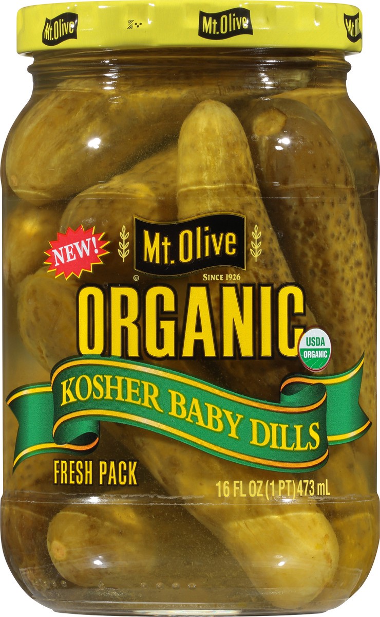 slide 2 of 9, Mt. Olive Organic Kosher Baby Dills 16 fl. oz. Jar, 16 fl oz