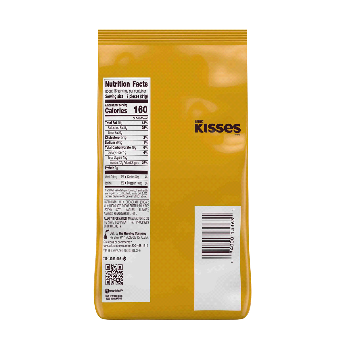 slide 5 of 8, Hershey's Kisses Milk Chocolate with Almonds Family Bag, 18 oz