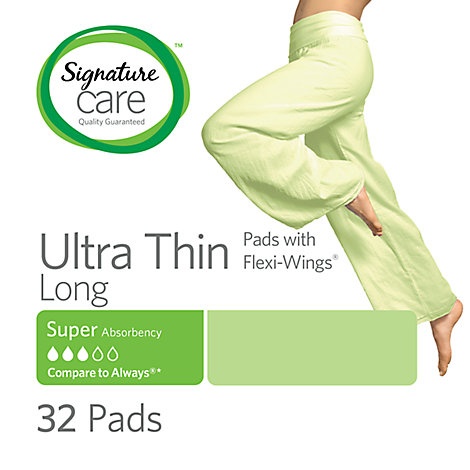 slide 1 of 1, Signature Care Pads With Flexi Wings Ultra Thin Long Super Absorbency, 32 ct