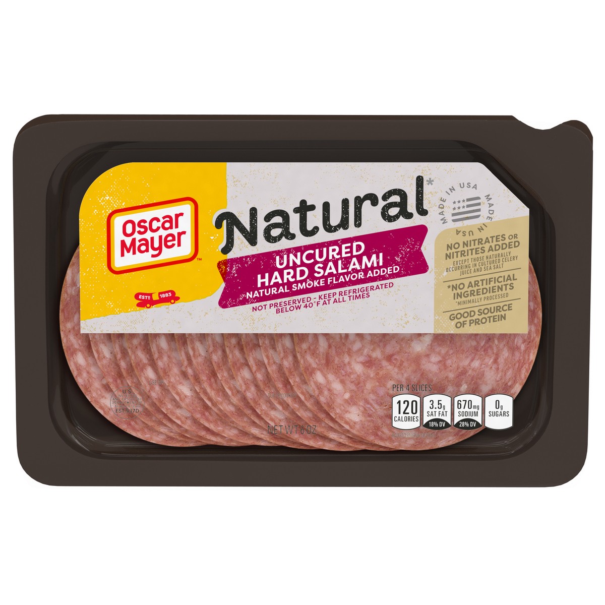 slide 1 of 9, Oscar Mayer Natural Uncured Hard Salami Sliced Lunch Meat, 6 oz. Tray, 6 oz
