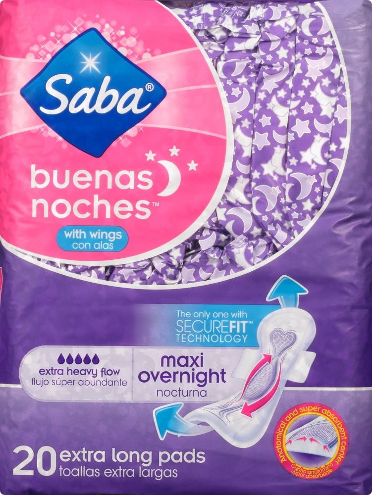 slide 1 of 1, Saba Buenas Noches Overnight Extra Heavy Flow Extra Long Pads, 20 ct