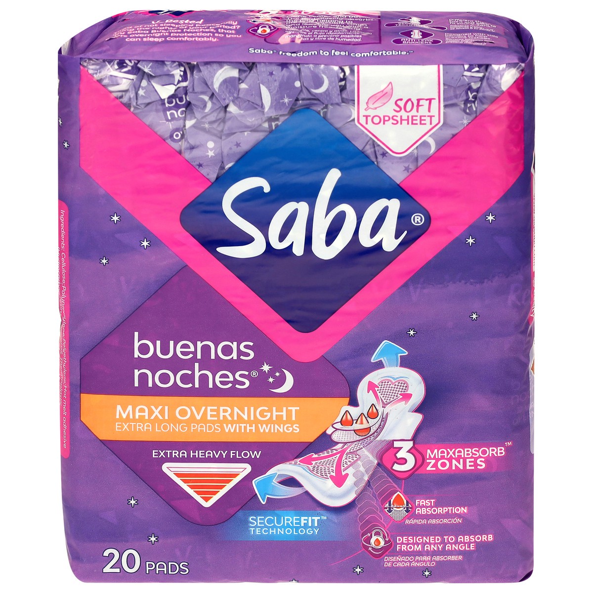 slide 1 of 9, Saba Extra Heavy Flow Maxi Overnight Pads 20 ea, 20 ct