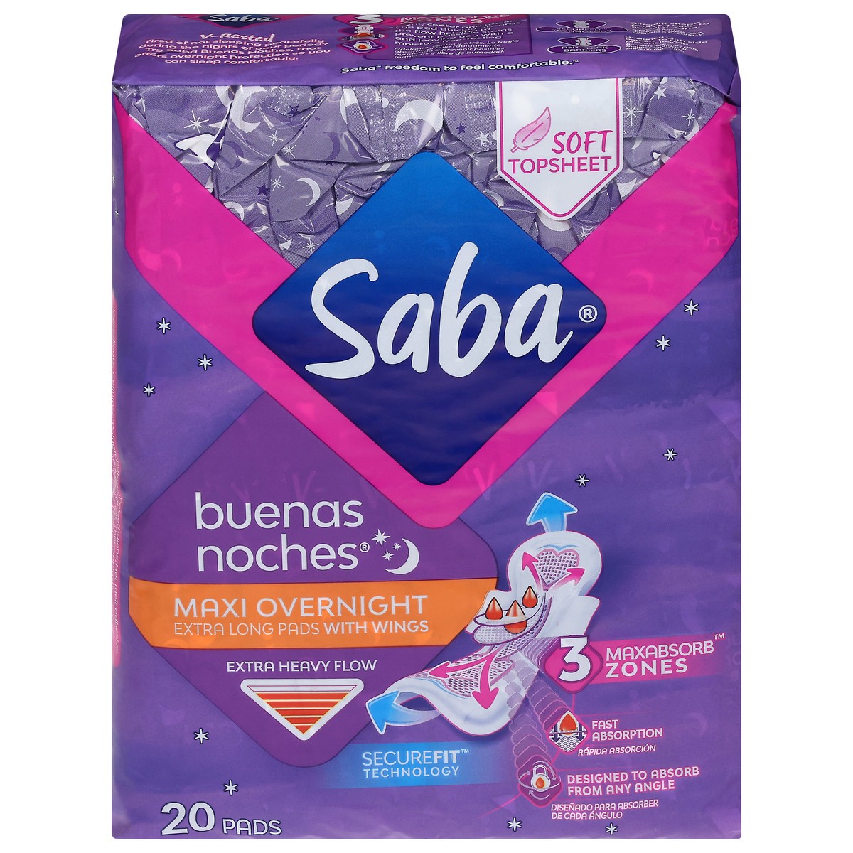 slide 1 of 9, Saba Extra Heavy Flow Maxi Overnight Pads 20 ea, 20 ct