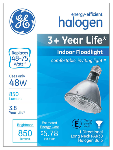 slide 1 of 1, GE 65-Watt PAR30 Long Neck Halogen Light Bulb - Soft White, 30 liter