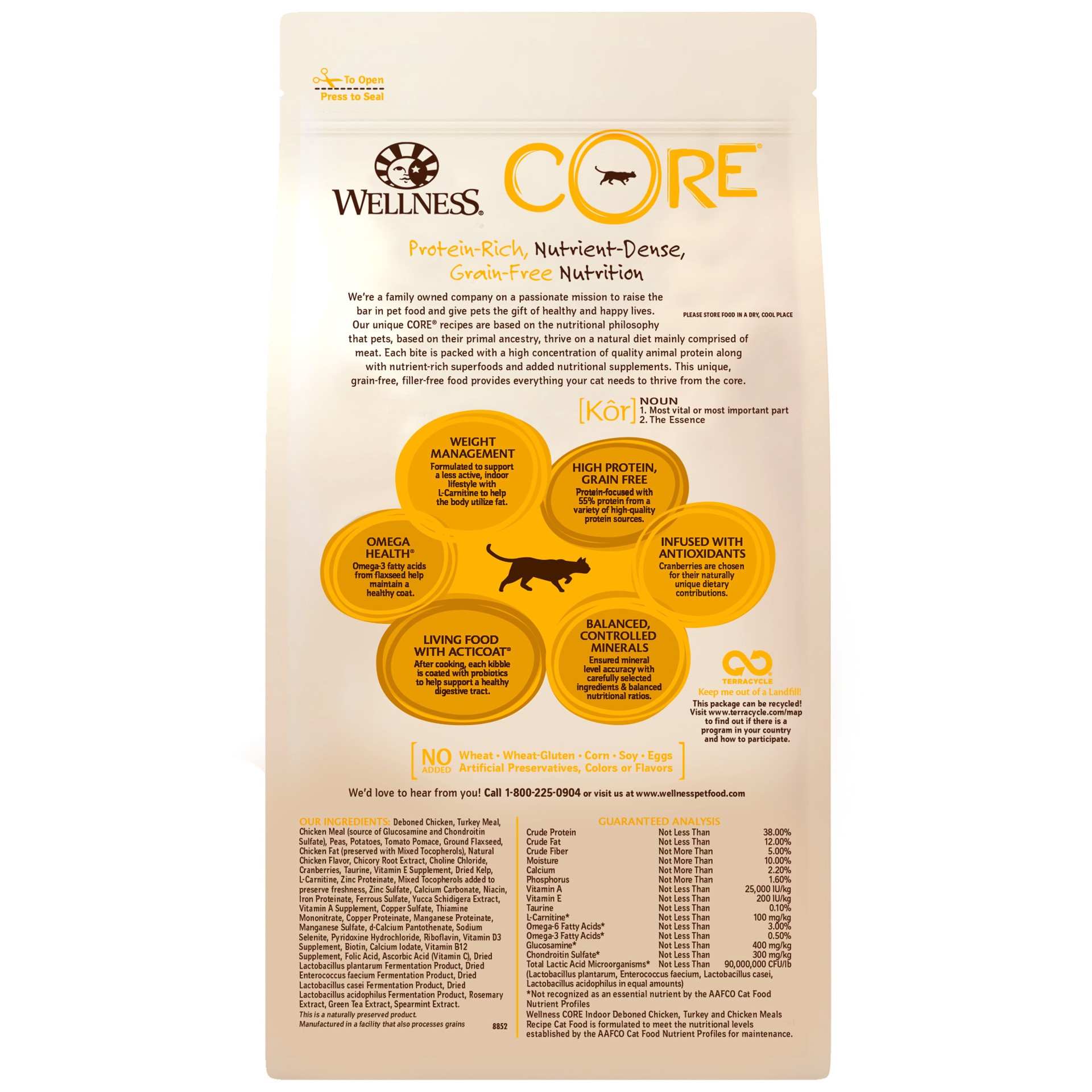 slide 5 of 5, Wellness CORE+ Grain-Free Chicken, Turkey & Chicken Meal Indoor Formula Dry Cat Food, 5 Pound Bag, 1 ct