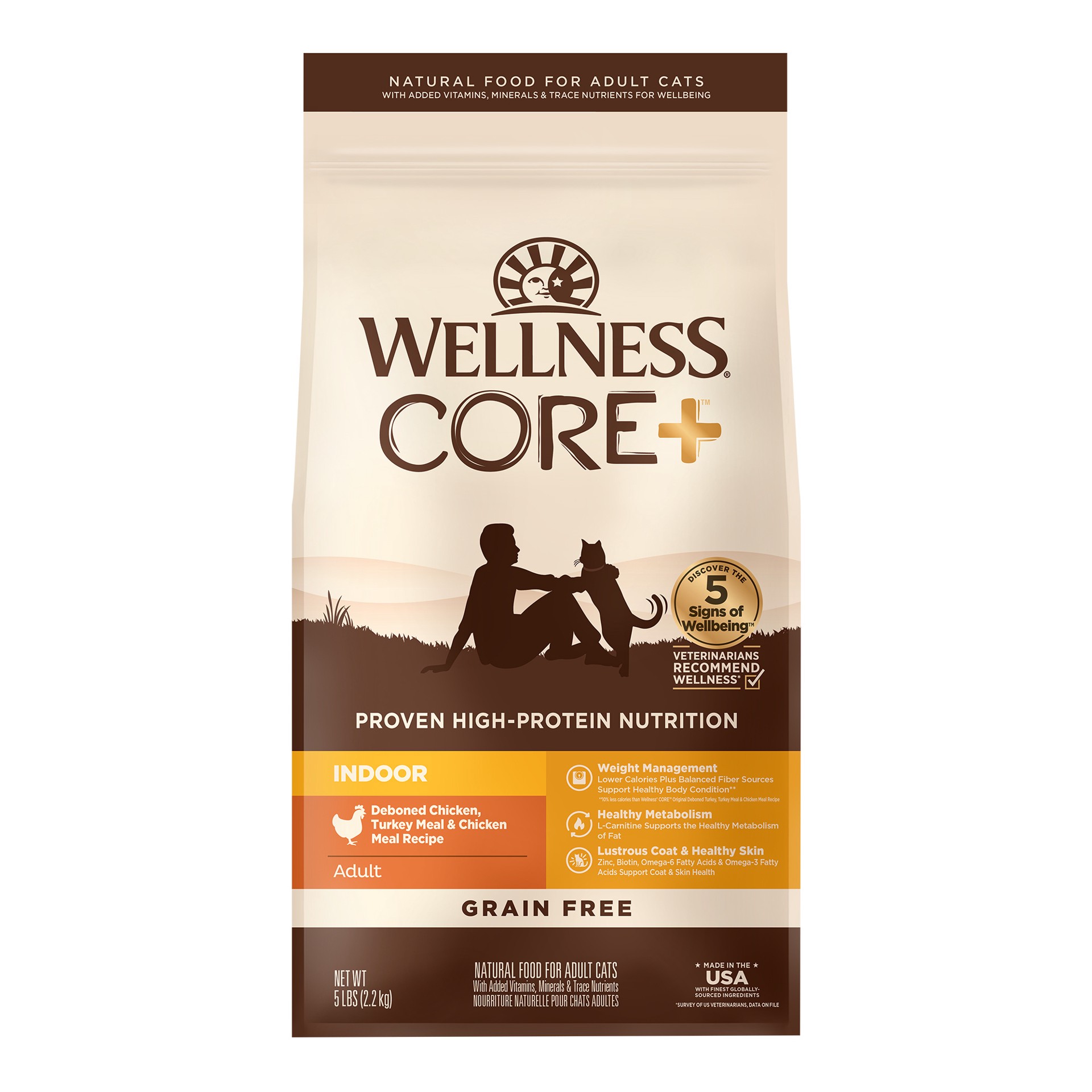 slide 1 of 5, Wellness CORE+ Grain-Free Chicken, Turkey & Chicken Meal Indoor Formula Dry Cat Food, 5 Pound Bag, 1 ct