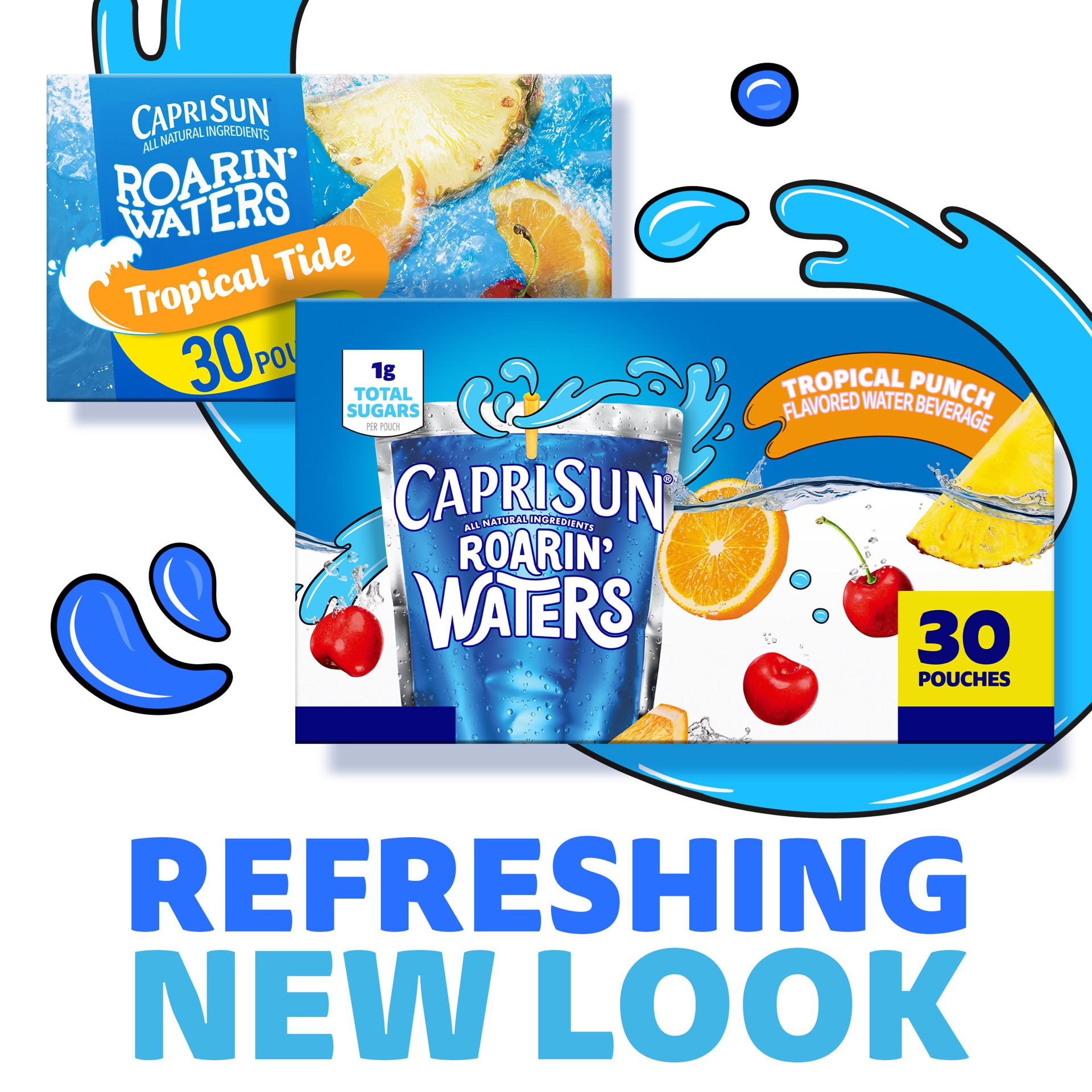 slide 2 of 5, Capri Sun Roarin' Waters Tropical Punch Flavored with other natural flavor Water Beverage, 30 ct Box, 6 fl oz Drink Pouches, 30 ct