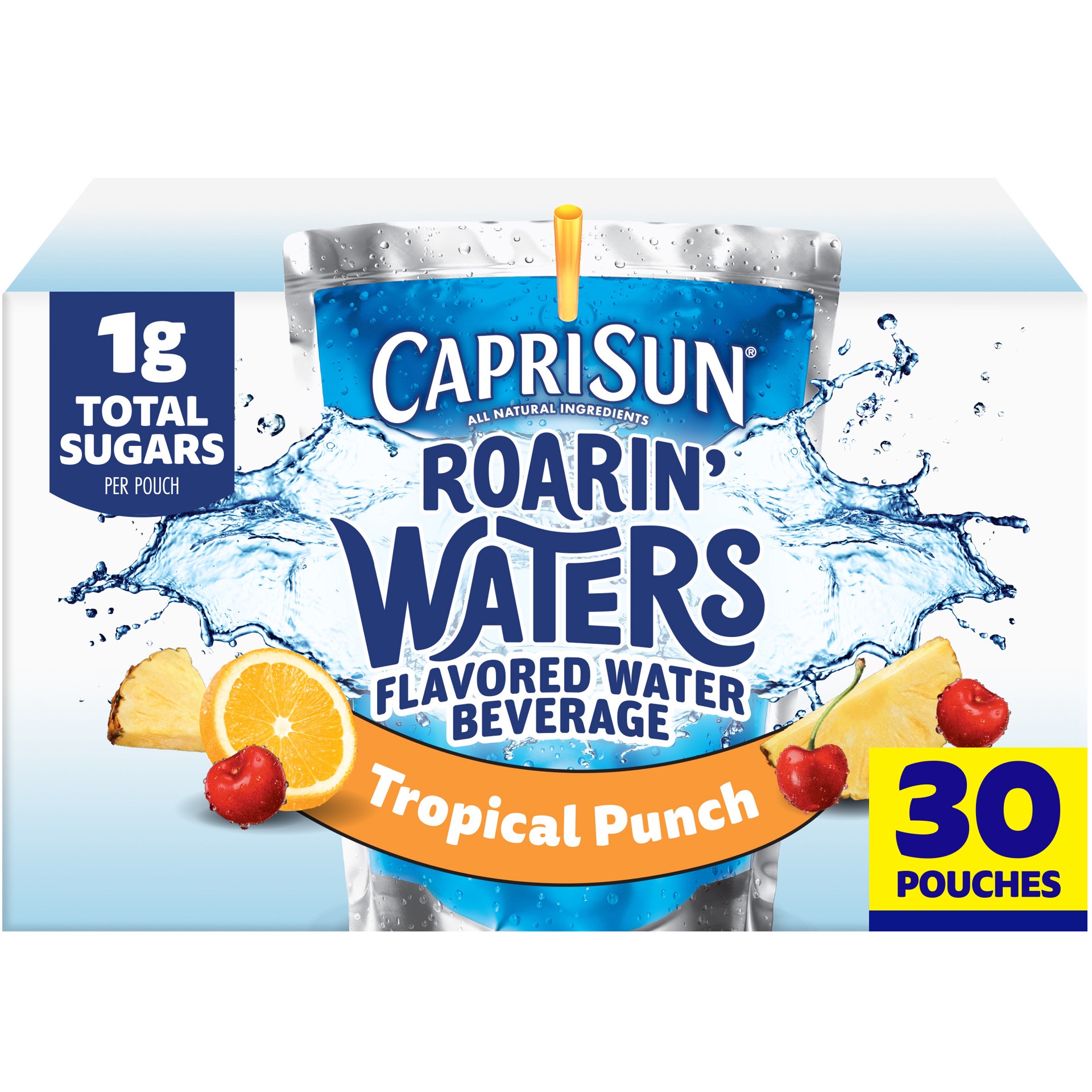 slide 1 of 5, Capri Sun Roarin' Waters Tropical Punch Flavored with other natural flavor Water Beverage, 30 ct Box, 6 fl oz Drink Pouches, 30 ct