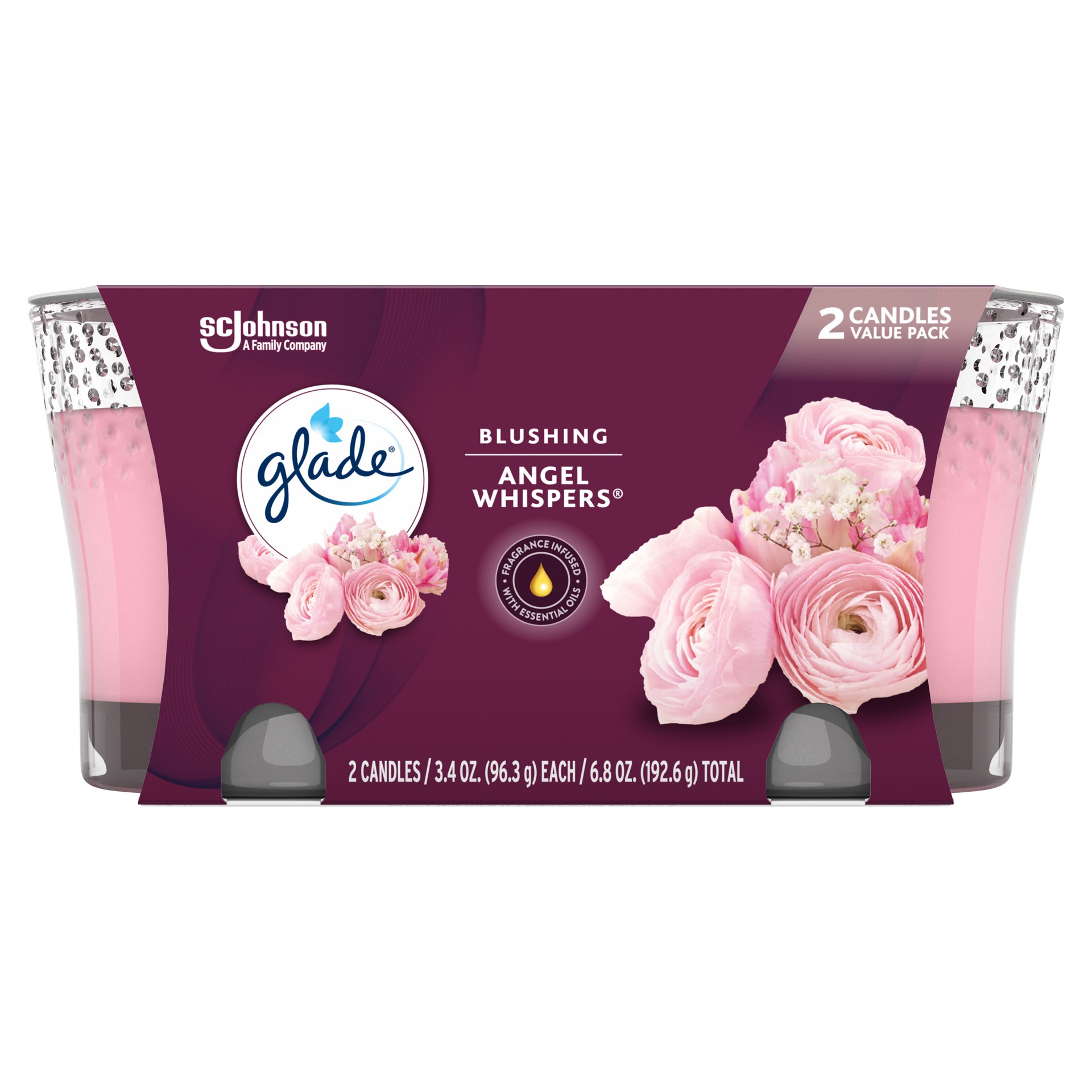 slide 1 of 6, Glade Candle Angel Whispers Scent, 1-Wick, 3.4 oz (96.3 g) Each, 2 Counts, Fragrance Infused with Essential Oils, Notes of Bulgarian Rose, Peach, White Floral Bouquet, Lead-Free Wick Scented Candles, 2 ct; 3.4 oz