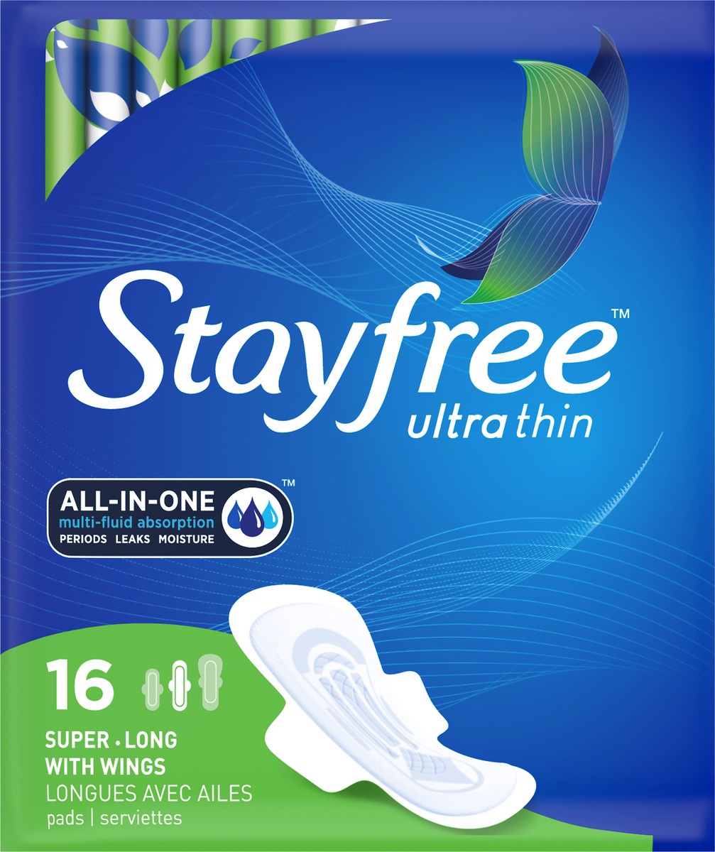 slide 6 of 7, Stayfree Ultra Thin Super Long Pads with Wings For Women, Reliable Protection and Absorbency of Feminine Moisture, Leaks and Periods, 16 count, 