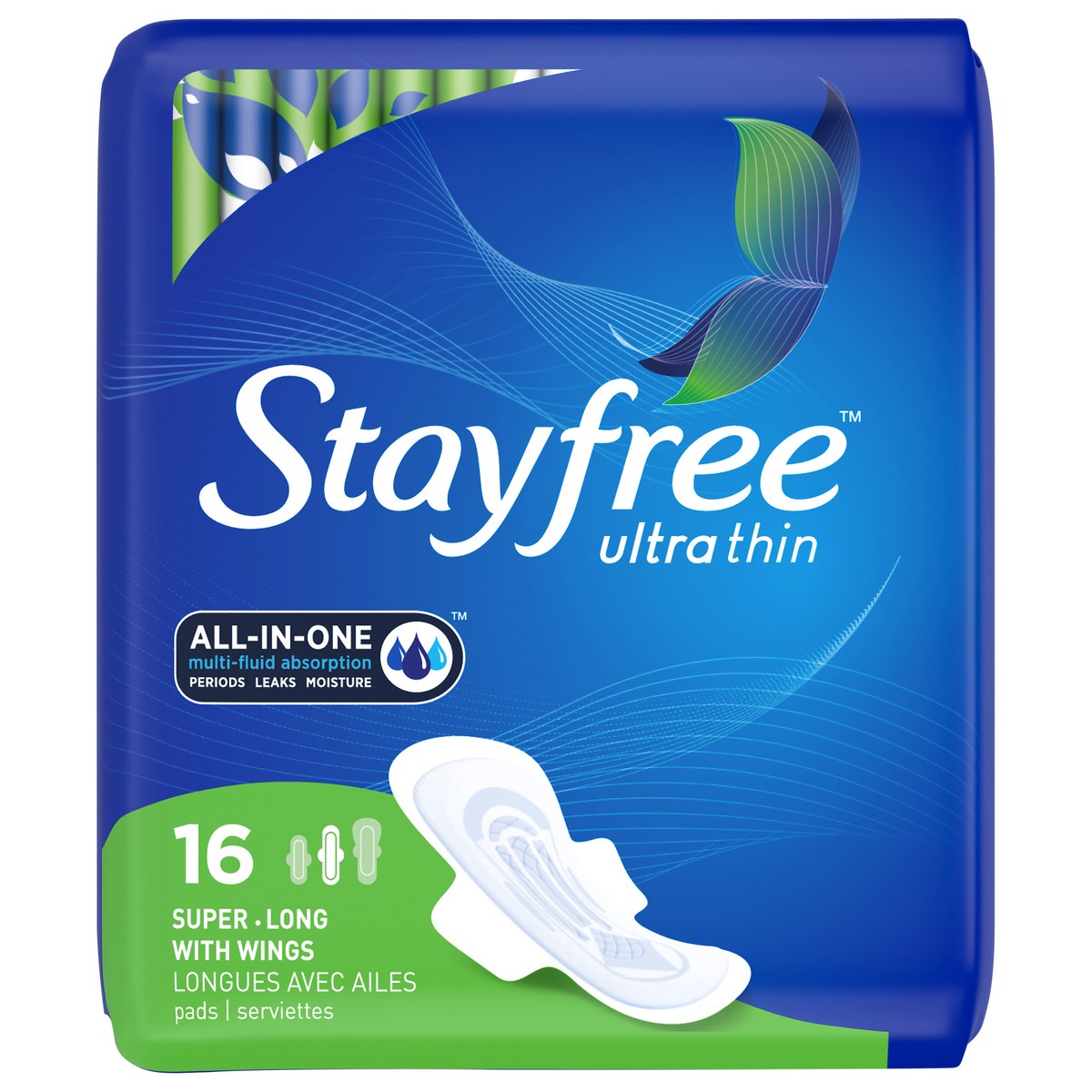 slide 7 of 7, Stayfree Ultra Thin Super Long Pads with Wings For Women, Reliable Protection and Absorbency of Feminine Moisture, Leaks and Periods, 16 count, 