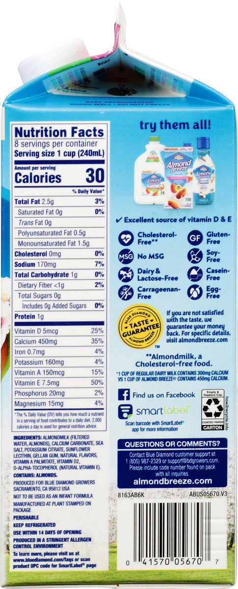 slide 8 of 9, Almond Breeze Original Unsweetened Almondmilk 0.5 gl, 1/2 gal
