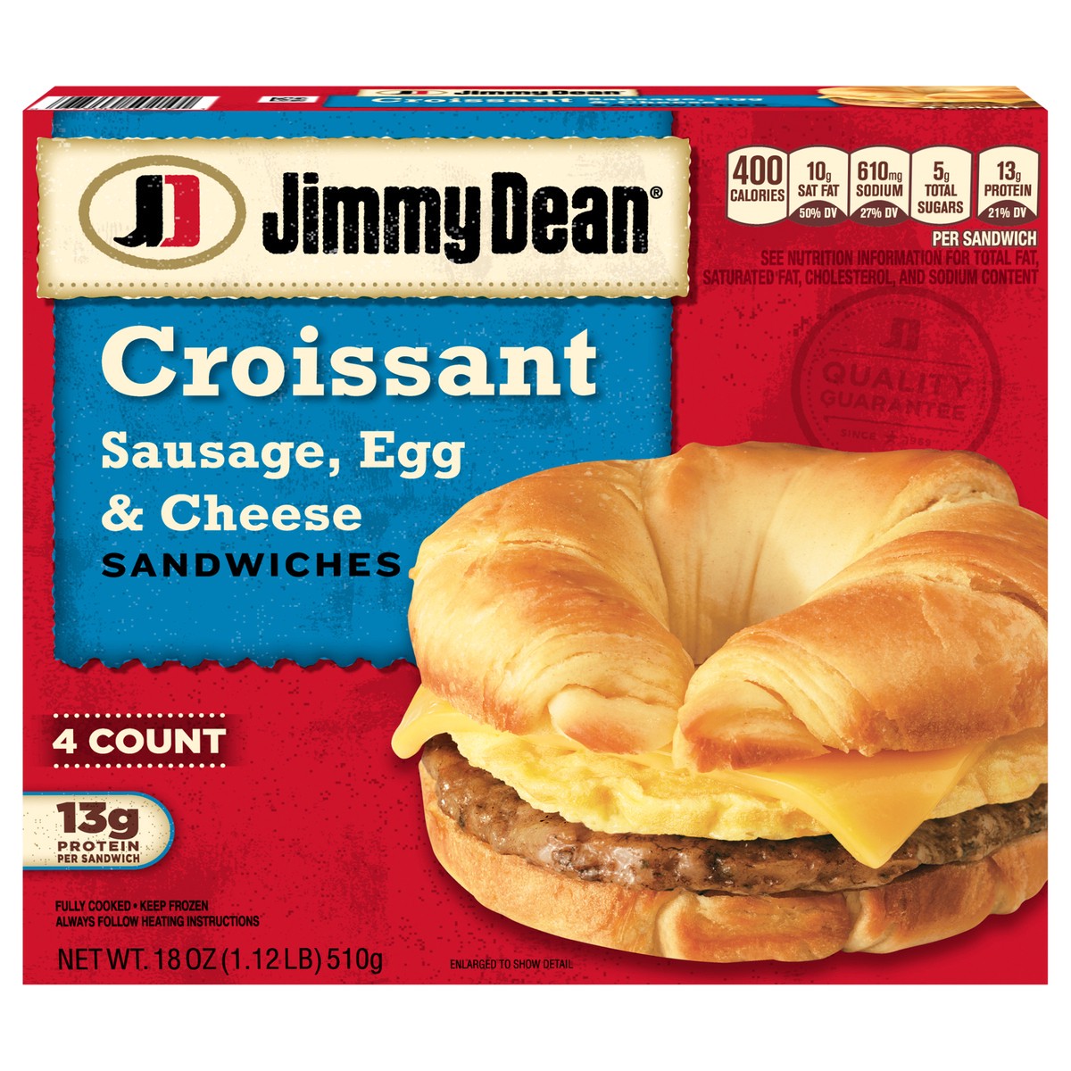 slide 1 of 127, Jimmy Dean Frozen Breakfast Sausage, Egg & Cheese Croissant Sandwiches, 18 oz