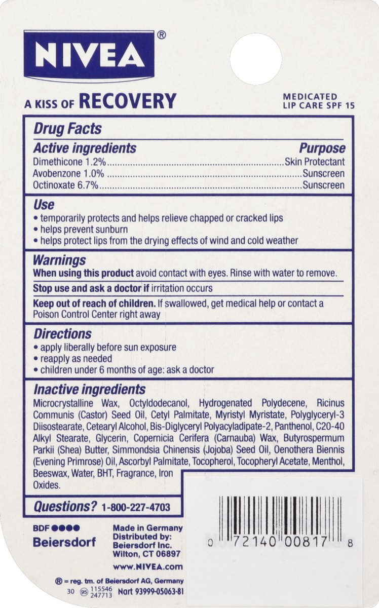 slide 6 of 6, Nivea Recovery Medicated Lip Care, 0.17 oz