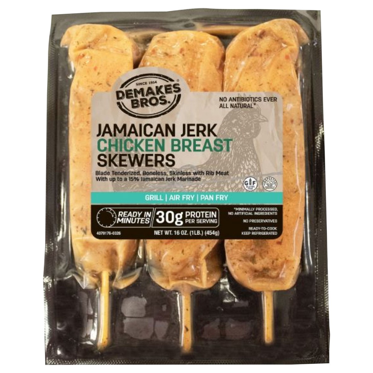 slide 1 of 9, Jamaican Jerk Marinated Chicken Breast On A Skewer, 16 oz