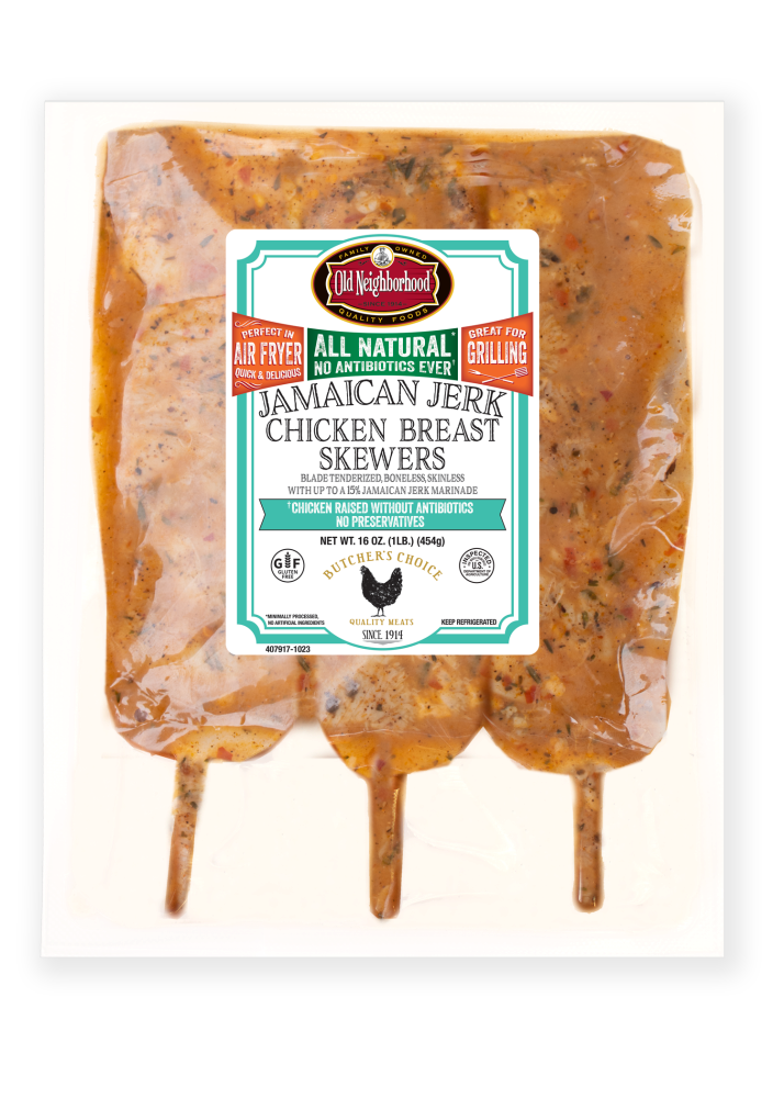 slide 1 of 1, Jamaican Jerk Marinated Chicken Breast On A Skewer, 16 oz